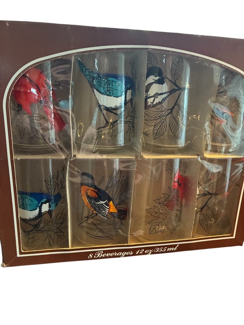 VTG Anchor Hocking Songbird Drinkware Set of 8 Drinking Glasses w/Box 12 Ounce